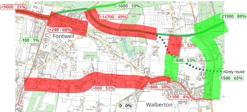 Map showing traffic changes projected as a result of the A27 Arundel Bypass